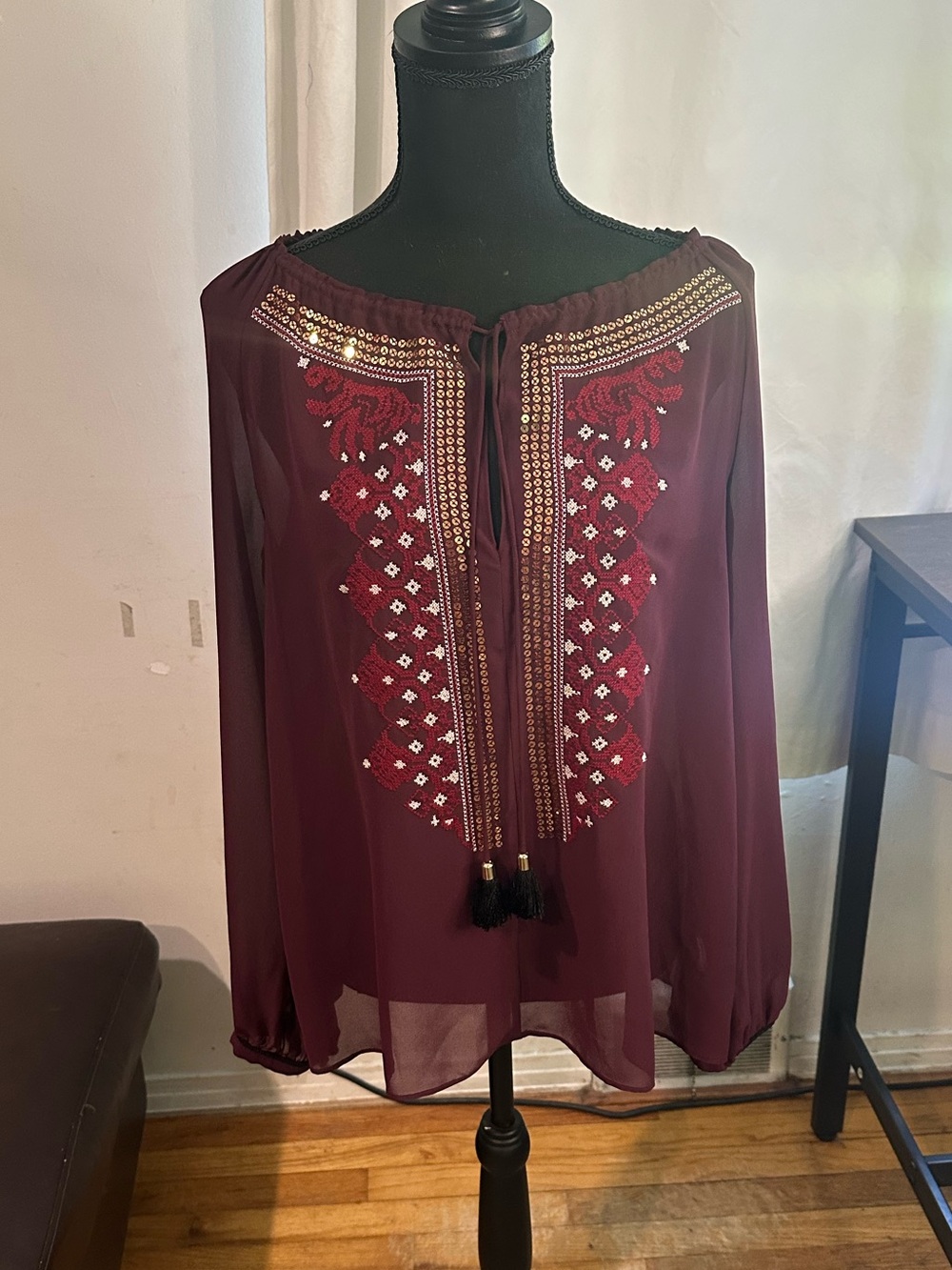 Altuzarra Burgundy Embroidered Peasant Blouse with Gold Accents